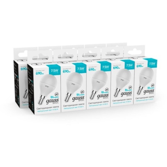 1053128 Лампа Gauss Basic Шар 7,5W 690lm 4100K E14 LED 1/10/100