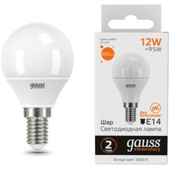 53112 Лампа Gauss LED Elementary Шар 12W 880lm E14 3000K 1/10/100 53112 Лампа Gauss LED Elementary Шар 12W 880lm E14 3000K 1/10/100