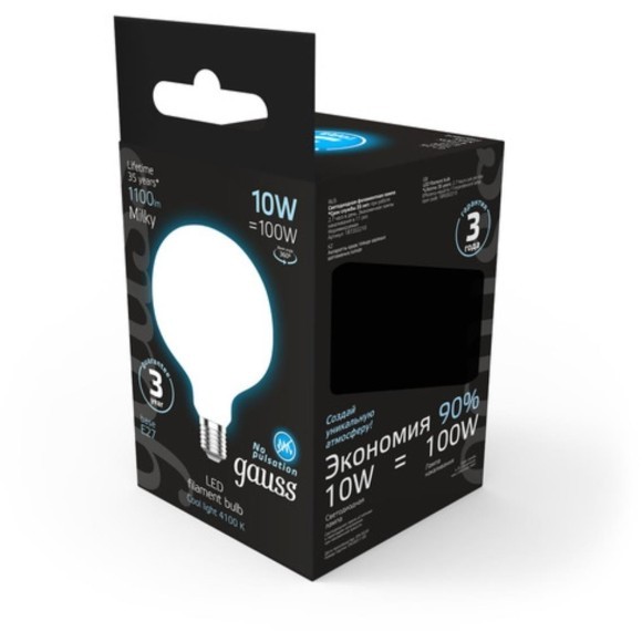 187202210 Лампа Gauss Filament G125 10W 1100lm 4100К Е27 milky LED 1/20