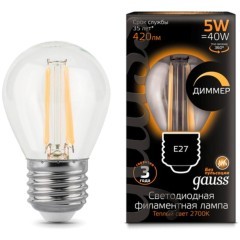 105802105-D Лампа Gauss Filament Шар 5W 420lm 2700К Е27 диммируемая LED 1/10/50 105802105-D Лампа Gauss Filament Шар 5W 420lm 2700К Е27 диммируемая LED 1/10/50