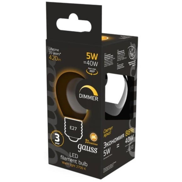 105802105-D Лампа Gauss Filament Шар 5W 420lm 2700К Е27 диммируемая LED 1/10/50 105802105-D Лампа Gauss Filament Шар 5W 420lm 2700К Е27 диммируемая LED 1/10/50