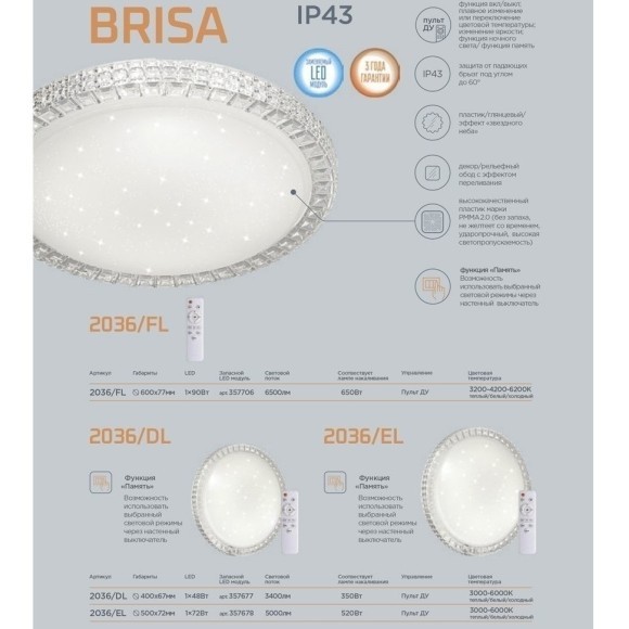 Светодиодный настенно-потолочный светильник с пультом Brisa 2036/DL