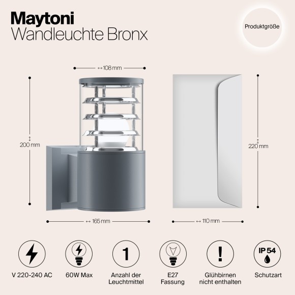 Уличный настенный светильник Maytoni O576WL-01GR Bronx IP54 под лампу 1xE27 60W Уличный настенный светильник Maytoni O576WL-01GR Bronx IP54 под лампу 1xE27 60W