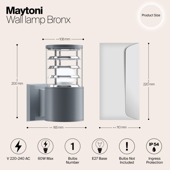 Уличный настенный светильник Maytoni O576WL-01GR Bronx IP54 под лампу 1xE27 60W Уличный настенный светильник Maytoni O576WL-01GR Bronx IP54 под лампу 1xE27 60W