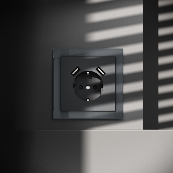 Розетка встраиваемая VOLTUM S70 с заземлением и защитными шторками, 16А, с USB, A+A, (графит)