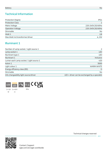 Уличный настенный светильник EGLO CALPINO 3, артикул 901844, встроенный LED 2 × 2.8Вт, 3000К, CRI 80, 840Лм, подключение 220В, IP54, корпус черный алюминий, прозрачное стекло, длина 135 мм, высота 100 мм, вылет 115 мм