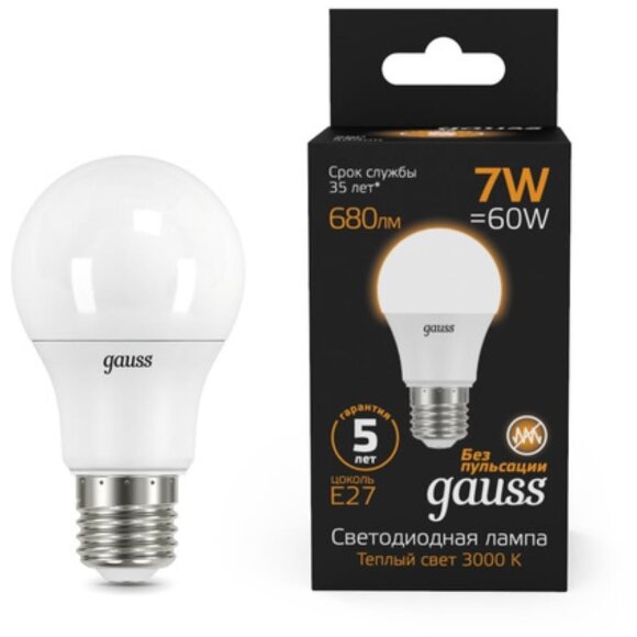 102502107 Лампа Gauss LED A60 E27 7W 680lm 3000K 1/10/50