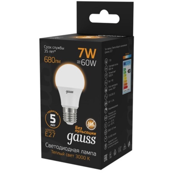 102502107 Лампа Gauss LED A60 E27 7W 680lm 3000K 1/10/50