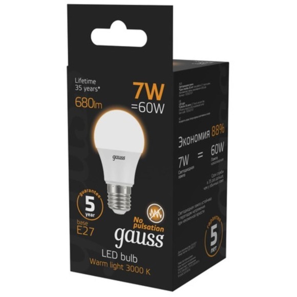 102502107 Лампа Gauss LED A60 E27 7W 680lm 3000K 1/10/50