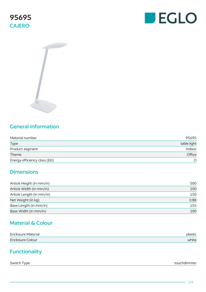 Настольная лампа EGLO CAJERO 95695, встроенный LED 4,5Вт, 4000К, 700Лм, диммируемый, USB-порт, 150 × 100 × 500 мм