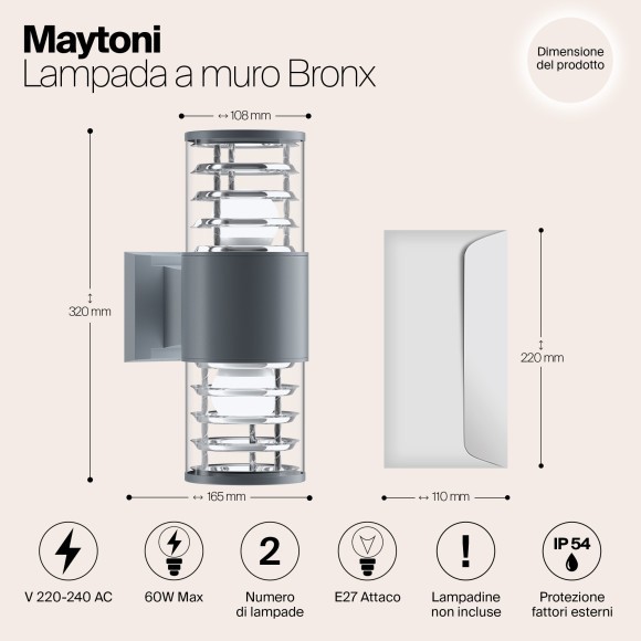 Уличный настенный светильник Maytoni O576WL-02GR Bronx IP54 под лампы 2xE27 60W Уличный настенный светильник Maytoni O576WL-02GR Bronx IP54 под лампы 2xE27 60W