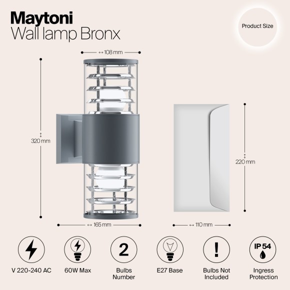 Уличный настенный светильник Maytoni O576WL-02GR Bronx IP54 под лампы 2xE27 60W Уличный настенный светильник Maytoni O576WL-02GR Bronx IP54 под лампы 2xE27 60W