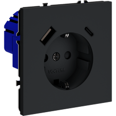 Розетка встраиваемая VOLTUM S70 с заземлением и защитными шторками, 16А, с USB, A+С, (графит)