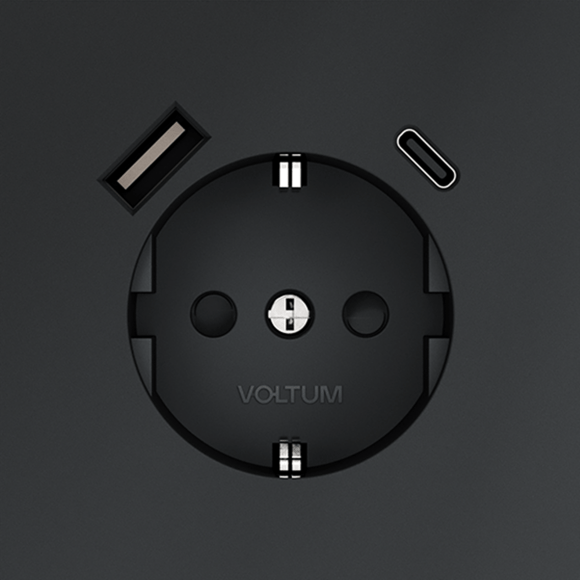 Розетка встраиваемая VOLTUM S70 с заземлением и защитными шторками, 16А, с USB, A+С, (графит)