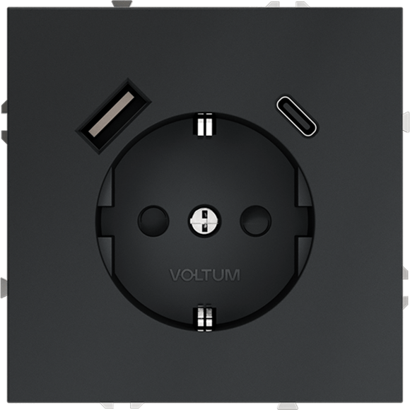 Розетка встраиваемая VOLTUM S70 с заземлением и защитными шторками, 16А, с USB, A+С, (графит)
