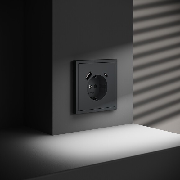 Розетка встраиваемая VOLTUM S70 с заземлением и защитными шторками, 16А, с USB, A+С, (графит)