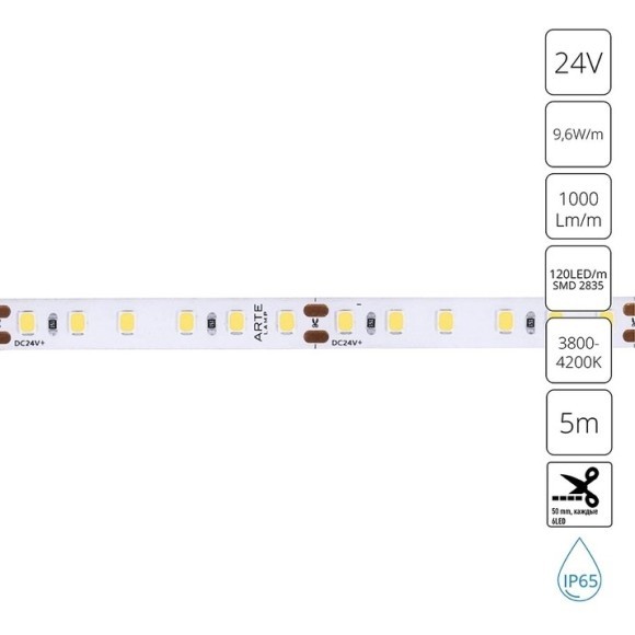 A2412008-05-4K Светодиодная лента 24В 9,6Вт/м 1000Лм/м 4000K CRI 90+ 8мм SMD2835 120шт/м 5м IP65
