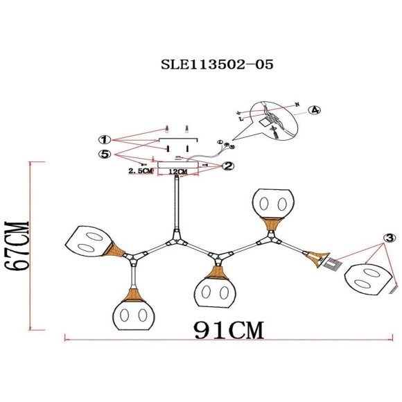 SLE113502-05 Светильник потолочный Белый, Светлое дерево/Белый E27 5*60W CIOTOLLA