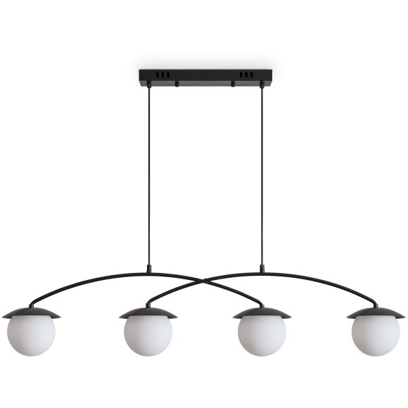 Freya Moyen FR5520PL-04B Минималистичный линейный подвесной светильник в современном стиле, лампы 4xE14, 220В, основание черный матовый металл и белые стеклянные плафоны шары, высота 350 - 1200 мм, длина 1060 мм, ширина 130 мм