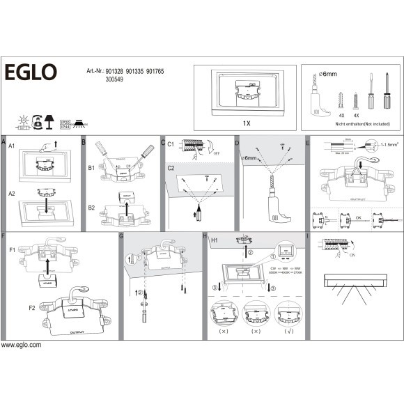 Eglo Fueva 6 901335 Настенно-потолочный влагозащищенный накладной квадратный LED-светильник в стиле минимализм с CCT переключателем цветовой температуры, 7 Вт, 220В, 2700К/4000К/6500К, 1100 лм, IP44, CRI90, белый пластик, длина 150 мм, ширина 150 мм, высо