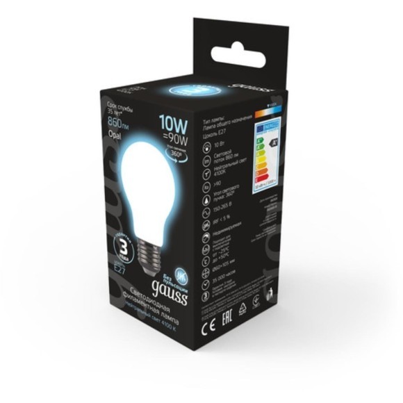 102202210 Лампа Gauss LED Filament A60 OPAL E27 10W 860lm 4100К 1/10/40 102202210 Лампа Gauss LED Filament A60 OPAL E27 10W 860lm 4100К 1/10/40