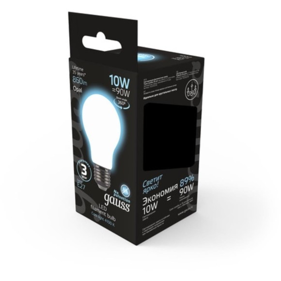 102202210 Лампа Gauss LED Filament A60 OPAL E27 10W 860lm 4100К 1/10/40 102202210 Лампа Gauss LED Filament A60 OPAL E27 10W 860lm 4100К 1/10/40