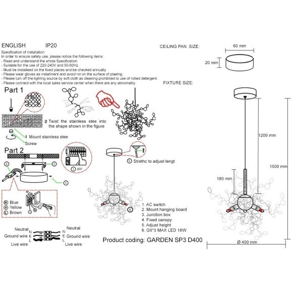 Светильник подвесной Crystal Lux GARDEN SP3 D400 CHROME