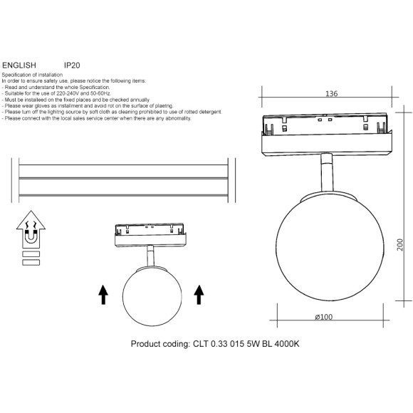 CLT 0.33 015 5W BL 4000K Трековый магнитный светодиодный светильник Crystallux Space 48V CRI90+ 4000К 550Лм 120° 9W