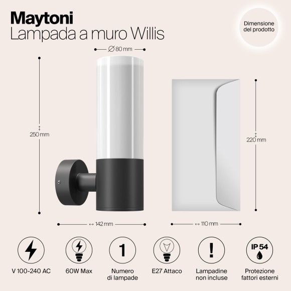 Уличный настенный светильник Maytoni O418WL-01B Willis IP54 под лампу 1xE27 60W Уличный настенный светильник Maytoni O418WL-01B Willis IP54 под лампу 1xE27 60W