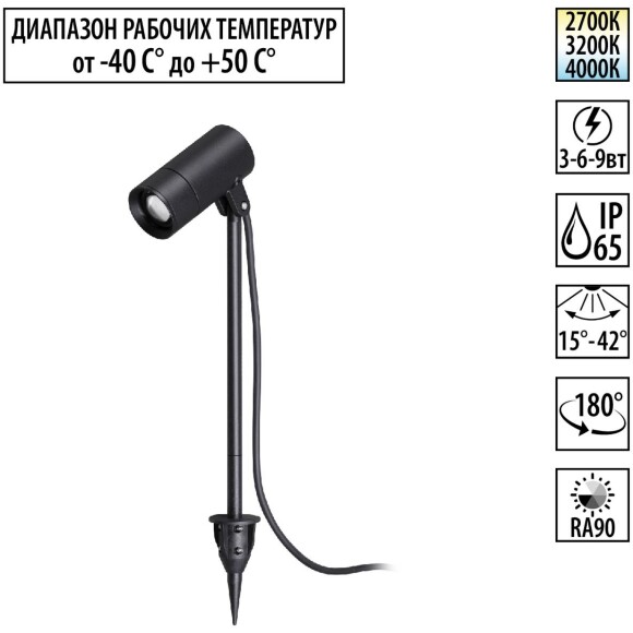 359713 STREET NT25 788 черный Светильник грунтовый с переключ. цв. температуры и мощности IP65 LED 3/6/9W 85-265V 2700К\3200К\4000К LANDSCAPE 359713 STREET NT25 788 черный Светильник грунтовый с переключ. цв. температуры и мощности IP65 LED 3/6/9W 85-265V 2700К\3200К\4000К LANDSCAPE