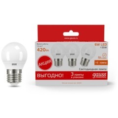 53216T Лампа Gauss LED Elementary Шар 6W E27 2700K 1/40 (3 лампы в упаковке) 53216T Лампа Gauss LED Elementary Шар 6W E27 2700K 1/40 (3 лампы в упаковке)
