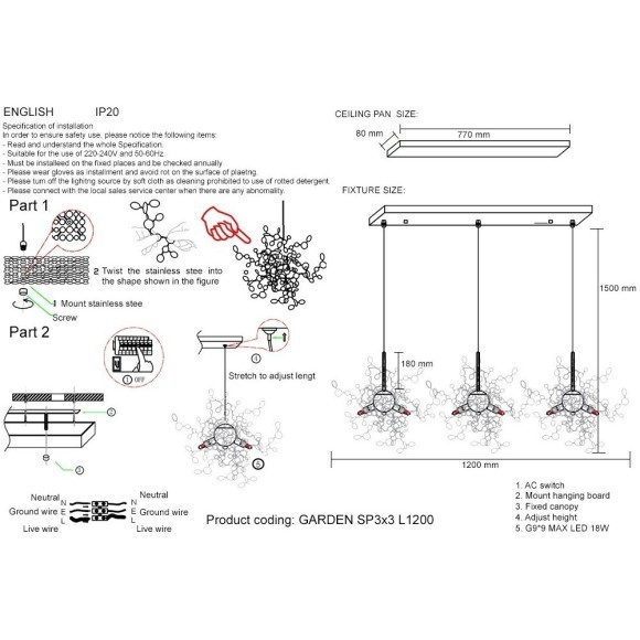 Светильник подвесной Crystal Lux GARDEN SP3х3 L1200 CHROME