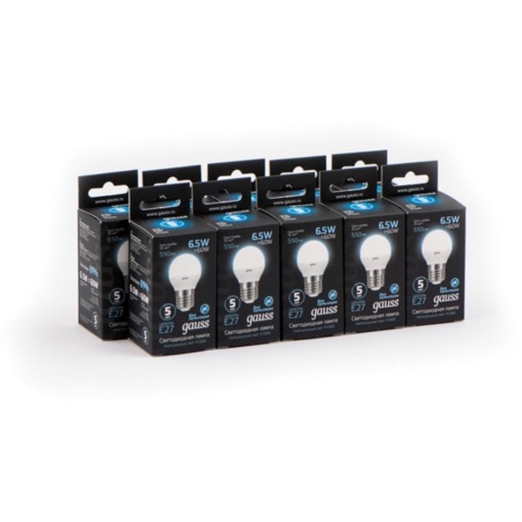 105102207 Лампа Gauss LED Шар E27 6.5W 550lm 4100K 1/10/100 105102207 Лампа Gauss LED Шар E27 6.5W 550lm 4100K 1/10/100