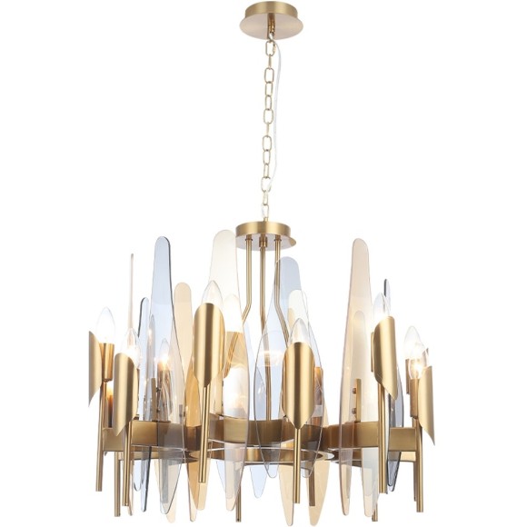 CASA SP-PL12 BRASS 1350/312 Crystal Lux CASA Латунная потолочная люстра с янтарно-дымчатыми стеклянными плафонами, 12 x E14 до 40 Вт, Ø600 мм, H516 мм, IP20, 220 В
