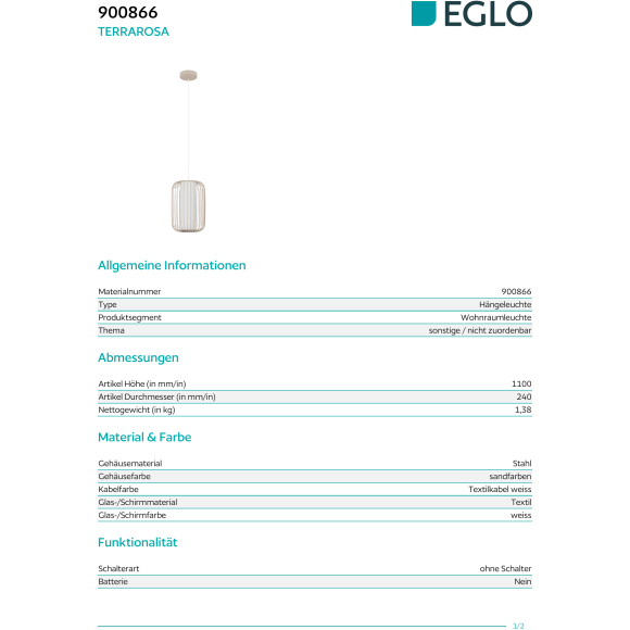 EGLO TERRAROSA 900866 Подвесной светильник-люстра современный скандинавский, лампа 1xE27 до 40Вт, 220-240В, IP20, регулируемая высота, без выключателя на корпусе, сталь песочного цвета и белый текстиль, диаметр 240мм, высота 1100мм, класс II, над столом