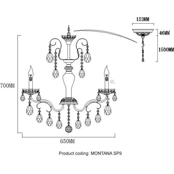 MONTANA SP9 2510/309 Crystal Lux Люстра золотая с прозрачными стеклянными элементами и хрустальными подвесками, 9 x E14 до 60 Вт, Ø650 мм, H700 мм, IP20, 220 В