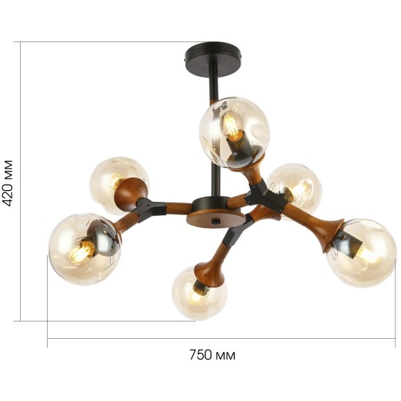 SLE109402-06 ST Luce RAQUEL Светильник потолочный, E27,6х60W, черный, темное дерево/прозрачный, янтарный SLE109402-06 ST Luce RAQUEL Светильник потолочный, E27,6х60W, черный, темное дерево/прозрачный, янтарный