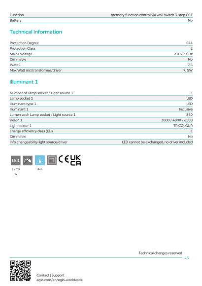 Подсветка для зеркала EGLO RAMOLA 901854, встроенный LED 7,5Вт, 3000 / 4000 / 6500К, CRI 80, 850Лм, подключение 220В, IP44, длина 450 мм, высота 120 мм, вылет 65 мм