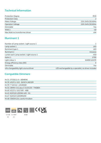 Белый встраиваемый светодиодный светильник EGLO SALICETO 98301, встроенный LED, подключение 220В, диммирование TRIAC/MOSFET, диаметр 88 мм, врезное отверстие 68 мм, поворот до 30°