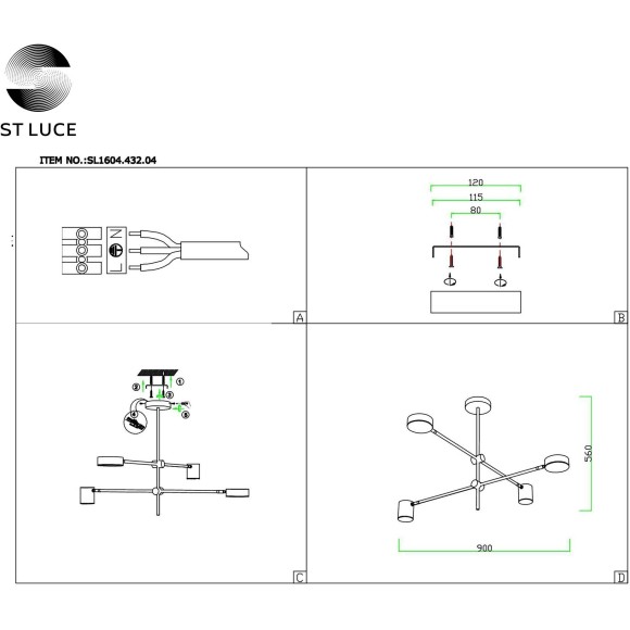 SL1604.432.04 Светильник потолочный ST-Luce Черный, Латунь/Черный LED 4*5W 3000K RODRIGO