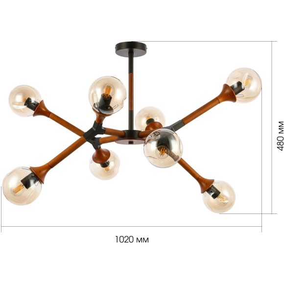 SLE109402-08 ST Luce RAQUEL Светильник потолочный, E27,8х60W, черный, темное дерево/прозрачный, янтарный