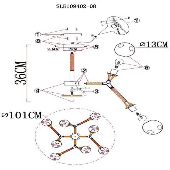 SLE109402-08 Светильник потолочный Черный, Темное дерево/Прозрачный, Янтарный E27 8*60W RAQUEL SLE109402-08 Светильник потолочный Черный, Темное дерево/Прозрачный, Янтарный E27 8*60W RAQUEL