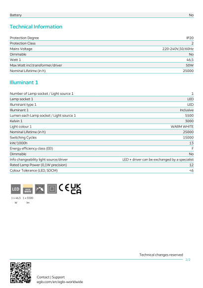 Потолочный светильник EGLO FRADELO 95661, встроенный LED 46.5Вт, 3000К, 5500Лм, CRI >80Ra, угол рассеивания 80°, подключение 220В, 520 × 520 × 95 мм