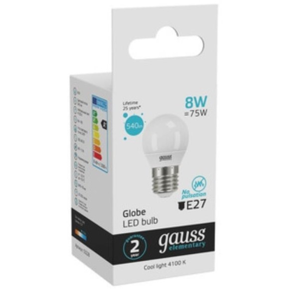 53228 Лампа Gauss LED Elementary Шар 8W E27 540lm 4100K 1/10/100 53228 Лампа Gauss LED Elementary Шар 8W E27 540lm 4100K 1/10/100