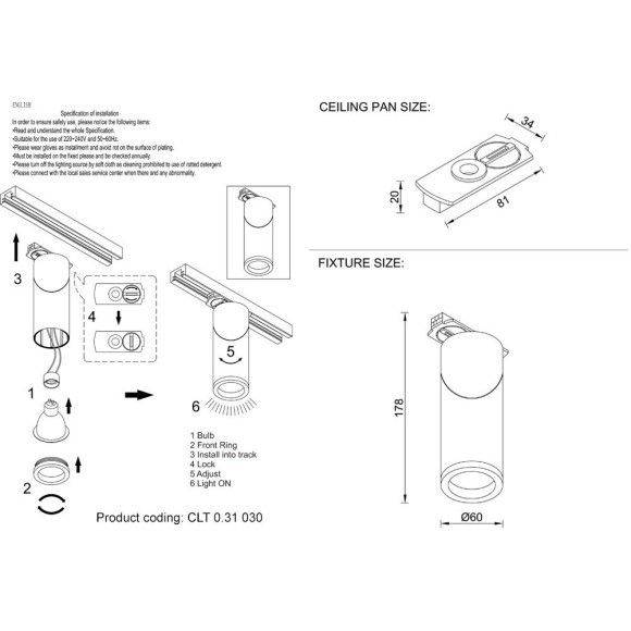 Однофазный двужильный трековый светильник Crystallux CLT 0.31 030 WH под сменную лампу GU10