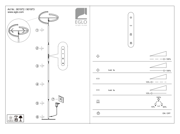 Светодиодный торшер EGLO CASTELPOTO 901973, встроенный LED, 3000К, CRI 80, 2 × 1000Лм, подключение 220В, диаметр 400 мм, высота 1800 мм, IP20