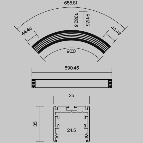 Радиусный профиль 35x35 Ø800мм 1/4 круга черный ALM-3535R-B-D-90°-0.8M