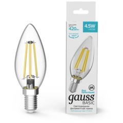 1031215 Лампа Gauss Basic Filament Свеча 4,5W 420lm 4100К Е14 LED 1/10/50 1031215 Лампа Gauss Basic Filament Свеча 4,5W 420lm 4100К Е14 LED 1/10/50
