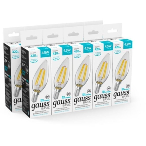 1031215 Лампа Gauss Basic Filament Свеча 4,5W 420lm 4100К Е14 LED 1/10/50