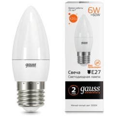 33216 Лампа Gauss LED Elementary Свеча 6W E27 420lm 3000K 1/10/50 33216 Лампа Gauss LED Elementary Свеча 6W E27 420lm 3000K 1/10/50